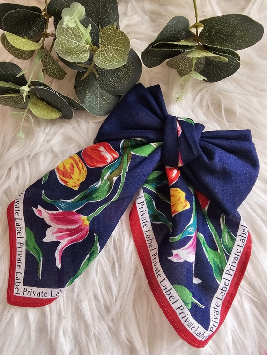 Private Label Accessories - Private Label Navy Floral Bow Scarf with Red Edge